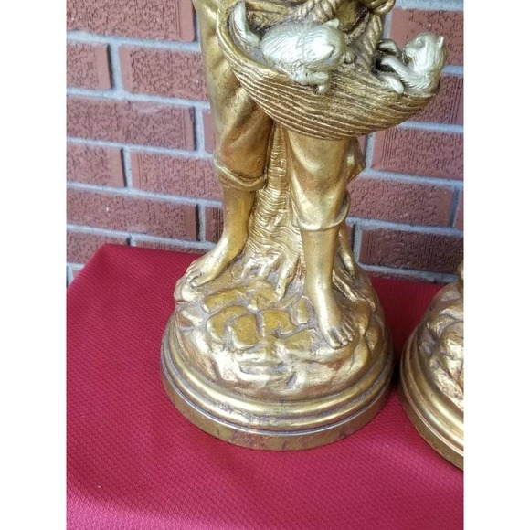 MCM Gold Gilt Chalkware Boy With Kittens Girl With Puppies Lamp Set - Picture 6 of 8